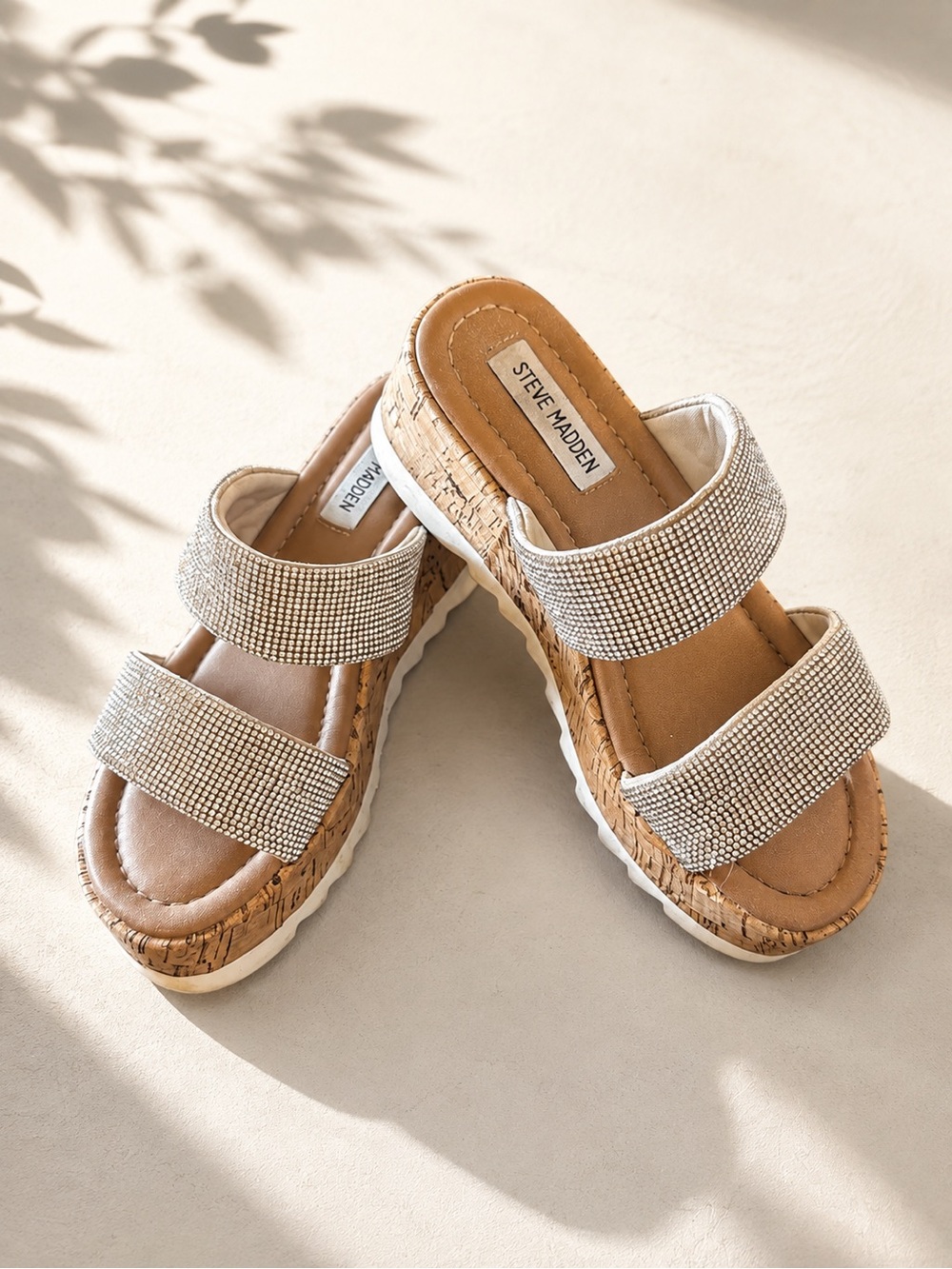 Steve Madden Crystal-Embellished Beige Cork Double-Strap Slide Sandals